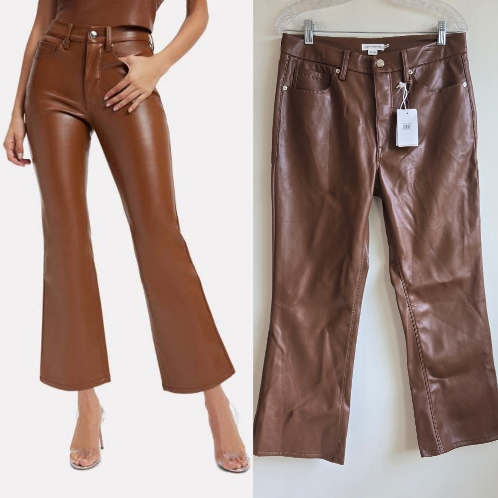 Good American Size 31 Good Legs Faux Leather Caramel Pants Casual Wide Crop Work